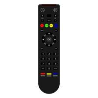 Realistic tv remote control isolated on white. Remote control with infrared signal and multi-colored buttons. Top view. Vector EPS 10.