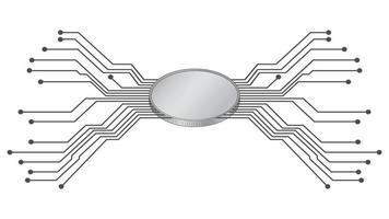 moneda isométrica futurista con pistas pcb divergentes en gris aisladas en blanco. en blanco para logotipo o símbolo. ilustración vectorial vector