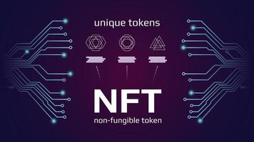 NFT nonfungible tokens infographics with pcb tracks on dark background. Pay for unique collectibles in games or art. Vector illustration.