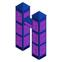 Isometric buildings of two skyscrapers connected by a passage at the top isolated on white. Modern palette. Vector EPS10.