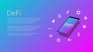 DeFi decentralized finance information website header mockup with realistic isometric smartphone and coin icons around. Beautiful gradient blue to pink. Vector EPS10.