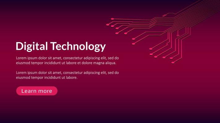 Digital technology template with copy space and button for websites, news or articles. PCB circuit board design element for banner on red background.