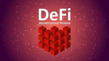 Defi - decentralized finance on a red abstract polygonal background. Red cube made up of many small ones. Financial applications and services on the public blockchain. Vector EPS10.