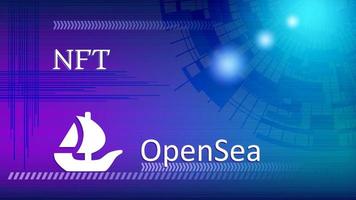 Opensea texto y logotipo plataforma de internet nft token market y subasta sobre fondo colorido abstracto. nueva tendencia en la venta de coleccionables. banner para noticias y medios. ilustración vectorial vector