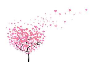 A tree with flying leaves from balloons in the shape of hearts isolated on white. Pink hearts fly from a tree. Broken heart concept. Vector EPS10.