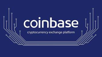 Coinbase cryptocurrency exchange platform name with PCB tracks isolated on blue. Design element for banner. Vector illustration.