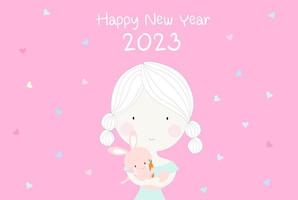 Happy New Year 2023 and Holidays celebration cute girl  holding cute rabbit vector illustration