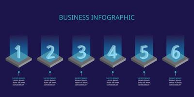 plantilla de gráfico de número de paso para infografía para presentación de 6 elementos con luz azul vector