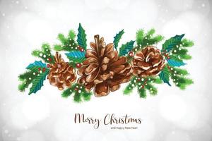 Christmas holly pine cone set merry christmas card background vector