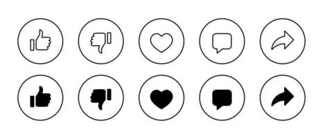 conjunto de iconos de botones de redes sociales. me gusta, no me gusta, me encanta, comentar y compartir vector