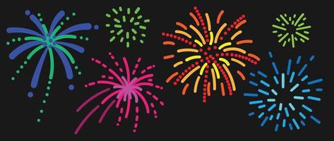 Set of new year firework vector illustration. Collection of glow vibrant colorful fireworks on black background. Art design suitable for decoration, print, poster, banner, wallpaper, card, cover.