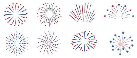 Set of new year firework vector illustration. Collection of blue and red fireworks, star burst on white background. Art design suitable for decoration, print, poster, banner, wallpaper, card, cover.