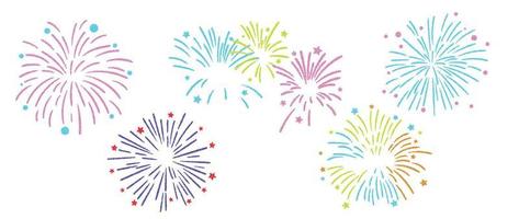 Set of new year festive firework vector illustration. Collection of vibrant colorful fireworks on white background. Art design suitable for decoration, print, poster, banner, wallpaper, card, cover.