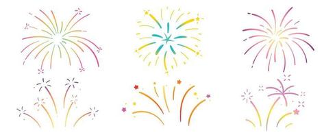 Set of new year festive firework vector illustration. Collection of vibrant colorful fireworks on white background. Art design suitable for decoration, print, poster, banner, wallpaper, card, cover.