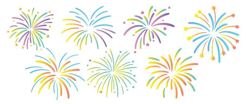 Set of new year festive firework vector illustration. Collection of vibrant colorful fireworks on white background. Art design suitable for decoration, print, poster, banner, wallpaper, card, cover.