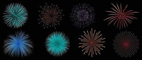 Set of new year firework vector illustration. Collection of glow vibrant colorful fireworks on black background. Art design suitable for decoration, print, poster, banner, wallpaper, card, cover.