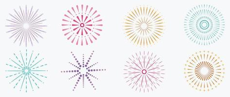 Set of new year festive firework vector illustration. Collection of vibrant colorful fireworks on white background. Art design suitable for decoration, print, poster, banner, wallpaper, card, cover.