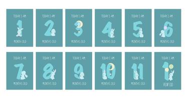 Cute Bunny Boy Baby Milestone Cards, Numbers clipart. 1-11 months and 1 year. Baby shower print capturing all the special moments. Baby month anniversary card. Nursery print. vector