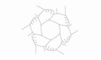 outline six hands hold together icon set isolated on white background. Symbol of team work, support, charity organization and donation community vector