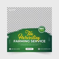 Tea harvesting and farming service social media banner. Organic food banner. Tea harvesting service flyer. Agro farm service banner. Organic food flyer template. Agriculture farming service. vector