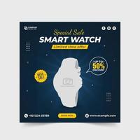 publicación de producto de reloj inteligente. ver plantilla de redes sociales. banner de oferta de venta especial de smartwatch. plantilla de oferta de mega venta de negocios de reloj. banner de venta de relojes de pulsera. banner de descuento y promoción de productos. vector