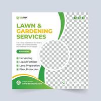 Cortacésped y banner de redes sociales del servicio de jardinería. diseño de plantilla de publicidad de plantación de árboles y paisajismo con color verde y azul. cuidado del jardín y vector de afiches de promoción de cortadoras de césped.