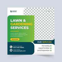 Gardening and lawn mowing service discount social media post vector. Agro farming business advertisement banner template with blue and green color. Harvesting and landscaping service flyer vector.