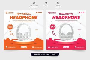 New arrival headphone sale template for social media promotion. Headphone template design with orange and red colors for marketing. Headphone brand promotion web banner design with abstract shapes. vector