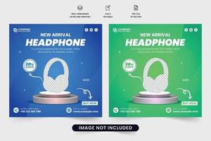 Wireless headphone sale discount template for social media marketing. Special headphone business promotional poster design with blue and green colors. Headphone advertisement web banner vector. vector