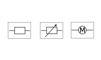 conjunto vectorial de símbolos, símbolos eléctricos o sus circuitos con marcos cuadrados. para etiqueta de circuito electrónico, icono o símbolo eléctrico, aislado en fondo blanco vector