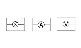 conjunto vectorial de símbolos, símbolos eléctricos o sus circuitos con marcos cuadrados. para etiqueta de circuito electrónico, icono o símbolo eléctrico, aislado en fondo blanco vector