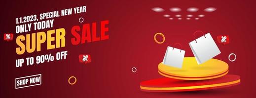 New Year 2023 Sale banner with 3d podium and shopping bag in red, white and orange color vector