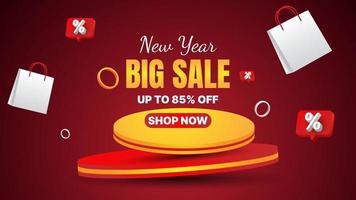 New Year sale banner with podium and shopping bag in red, orange and white. business promotion banner in new year day. suitable for banner, poster, web banner, social media, etc. vector illustration