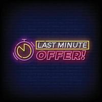 Neon Sign last minute offer with brick wall background vector