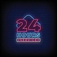 Neon Sign 24 hours service with brick wall background vector