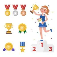 Sport girl and award icon set. vector