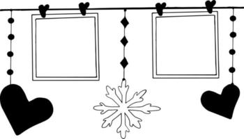 frame, snowflake and hearts hang on clothespins on a thread set for design banner, sticker, decor, scrapbook. sketch hand drawn doodle. scandinavian monochrome minimalism. holiday, photo memories vector