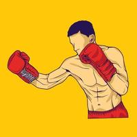 ilustración en color de arte lineal de un boxeador que lleva un guante rojo con una pose vector