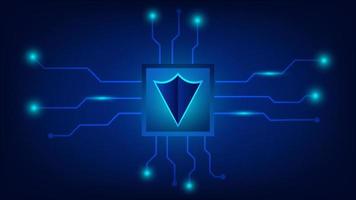 cyber security technology concept. privacy data protection. shield on computer chip and circuit board on blue lighting background