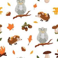 Seamless autumn pattern with hedgehogs, owl, mushrooms and leaves white background. vector