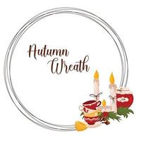 Autumn wreath with Christmas candle, jam, porcelain cups and lemon, with space for text. Vector illustration isolated white background.