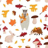 Seamless pattern with forest animals, badgers, hares and hedgehogs white background. vector