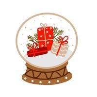 Christmas snow ball with gifts. New Year glass snow globe. Vector illustration