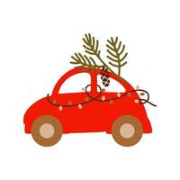 Red car with christmas tree. Vector illustration in flat style