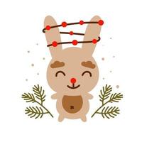 Christmas illustration with cute rabbit, garland and Christmas tree branches. New year 2023. vector