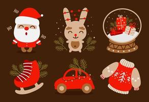 Christmas and New Year set with Santa Claus, car, snow globe, ice skates, rabbit and other decor elements. Design for prints, postcards, posters. Vector illustration.