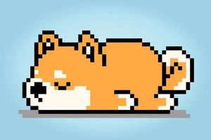 8 bit pixels Shiba Inu dog is sleeping. Animal pixels for asset games or Cross Stitch patterns in vector illustrations.