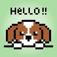 8 bit pixel image of puppy greeting . Animals for asset games in vector illustrations. Cross Stitch pattern.