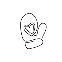 Continuous drawing of one line of winter mittens. The icon of a winter mitten with a heart. Christmas illustration in the style of light art. Minimalistic contour illustration for design vector