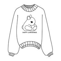 Linear winter sweater badge. Winter sweater with a cute rabbit - the symbol of 2023. Winter sweater icon with a thin line highlighted on a white background. Vector illustration